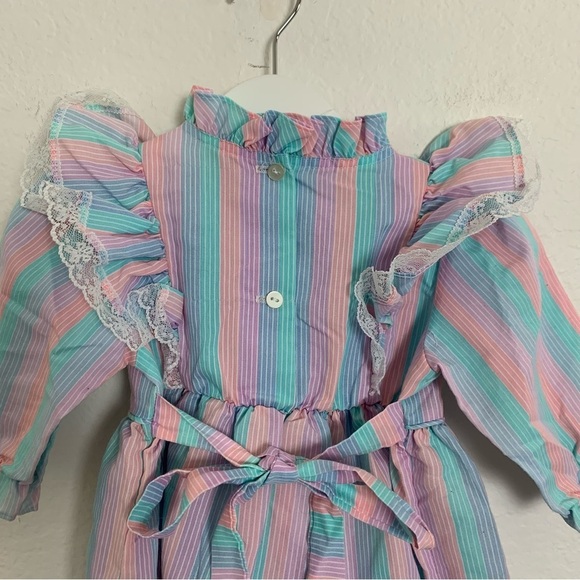 Vintage Toddler Girl Rainbow Stripe Dress 2T Lace Buttons Ribbon Kawaii Bow Cute - Picture 4 of 15